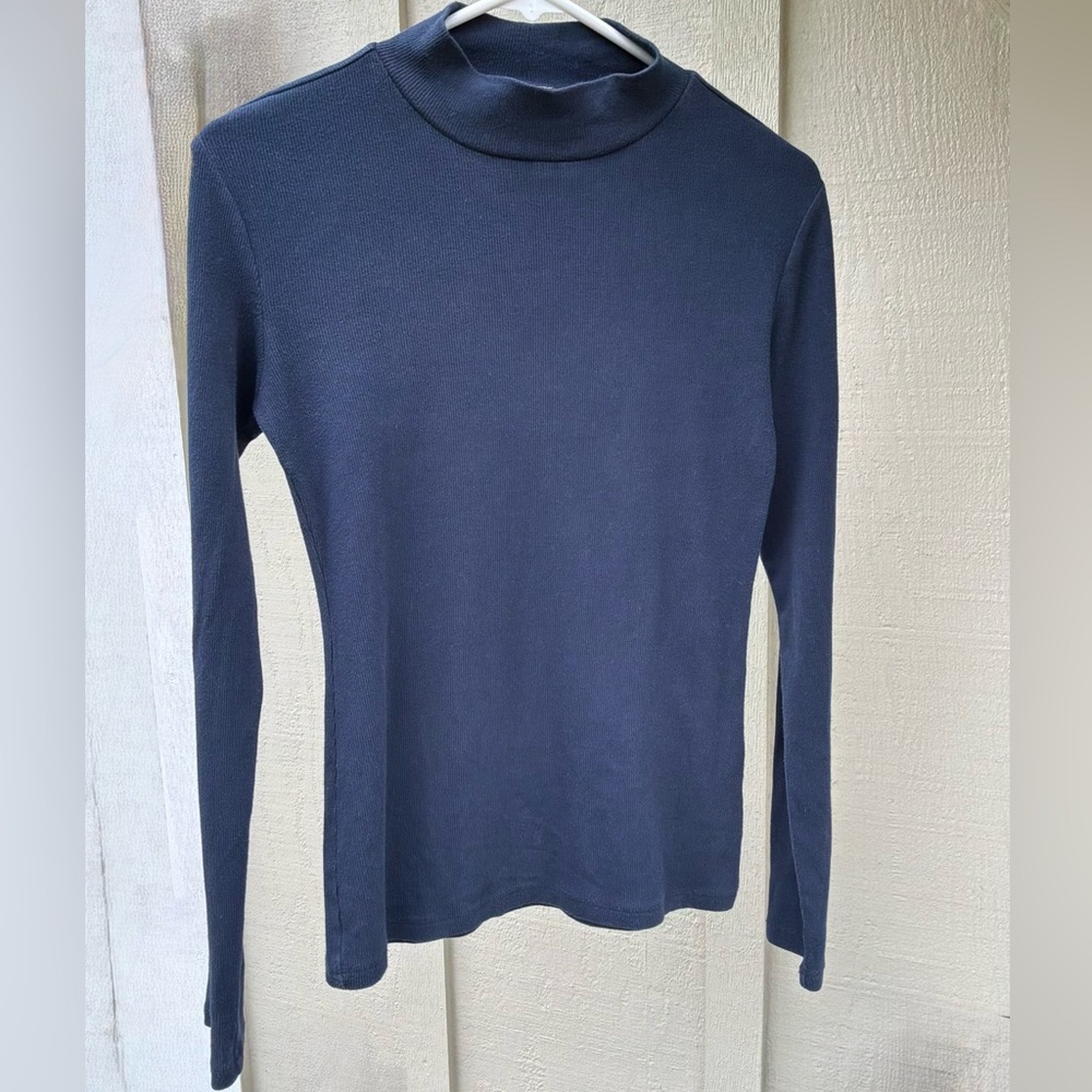 BANANA REPUBLIC MOCK NECK COTTON 2x2 RIBBED TOP LONG SLEEVE PREPPY NAVY S 526288